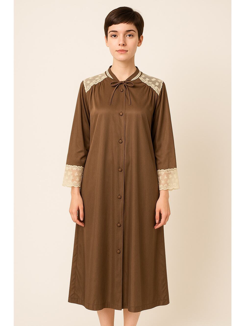 Vintage 70s Sans Souci Brown Nylon Lace Trim Long Robe Duster Sz Large housecoat